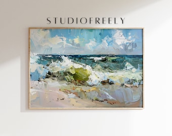 May include: An abstract painting of ocean waves in shades of blue, green, and white, framed in a light wood. The artwork features thick brushstrokes, creating a textured effect. The text "STUDIOFREELY" is at the top. The text "*MOCKUP FRAME NOT INCLUDED" is at the bottom.