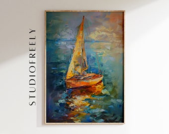Levendige zeilbootschildering, kleurrijke nautische muurkunst, decor voor oceaanzonsondergang