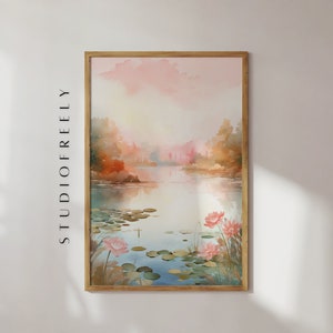 Water lily pond watercolor art print, pastel nature landscape wall decor, tranquil lake scene illustration, calming floral artwork