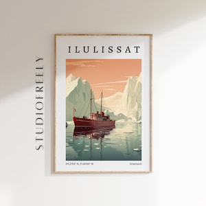 May include: A vintage travel poster featuring a red ship sailing through a fjord with icebergs in the background. The poster has the text "ILULISSAT" at the top and "69.2198° N, 51.0986° W Greenland" at the bottom.