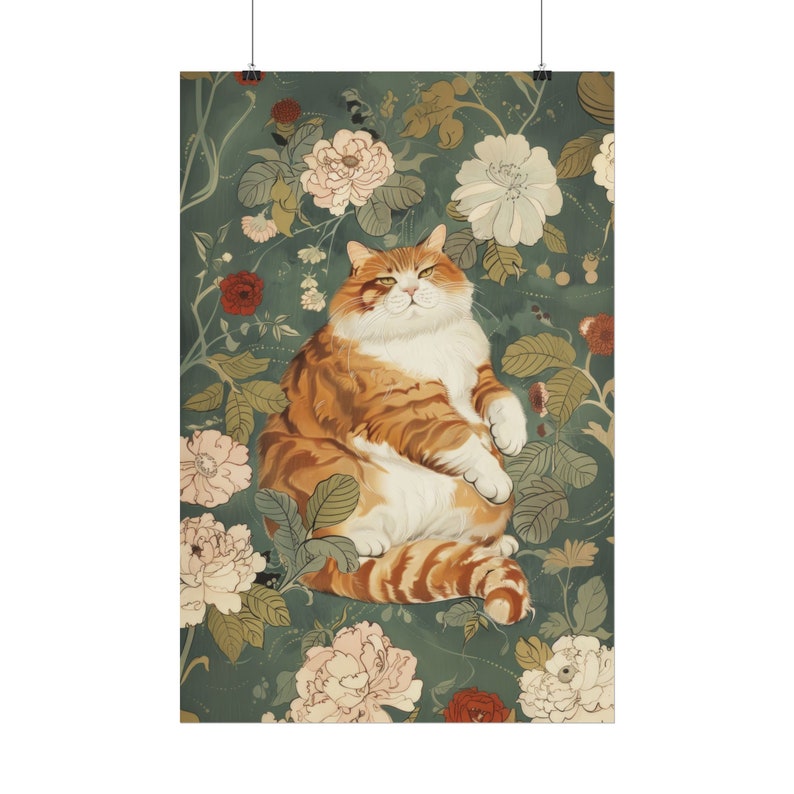 Cute Chubby Orange and White Cat, Flowers and Peonies, Japanese Vintage