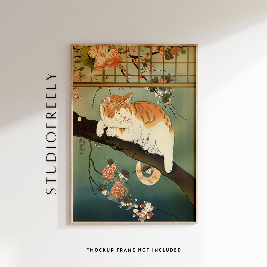 Japanese Floral Cat Art Print, Traditional Asian Sleeping Feline ...