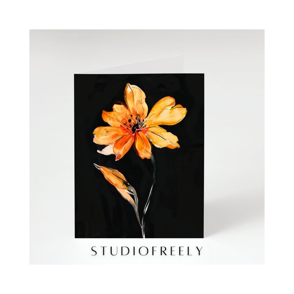 Watercolor greeting card - Moody orange flower on a jet black background - 4.25 x 5.5 inches, A2 card