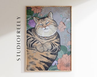 Tabby Cat Floral Art Print: Whimsical Ukiyo-e Pet Portrait