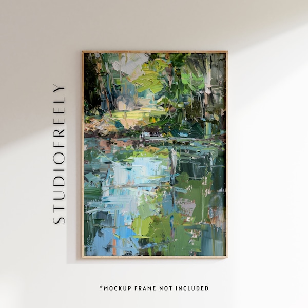 Abstract Landscape Painting: Green & Blue Pond Scene, Textured Impasto Art