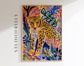 Estampado de leopardo estilo Matisse: Arte mural de gato de la jungla fauvista (archivo digital)