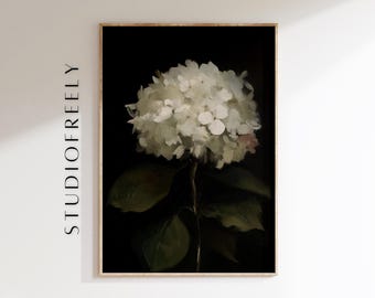 Lámina artística de hortensias blancas, arte mural floral oscuro, pintura botánica melancólica (archivo digital)