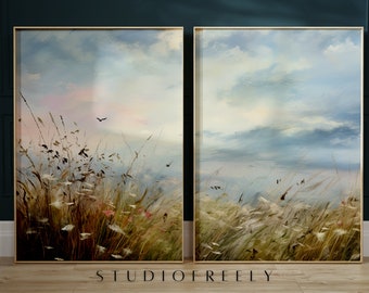 Wildflower acrylic style art double instant download - antique grassy fields art painting duo, blue sky and birds artwork