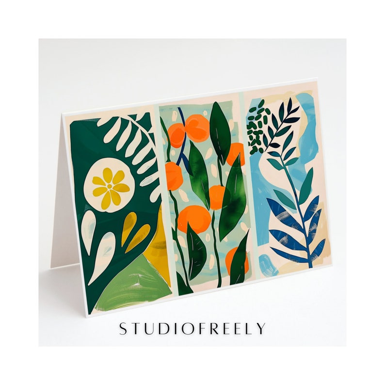 A vibrant greeting card design inspired by the iconic style of Henri Matisse. The card features a lively collage of three floral frames, each bursting with bright and bold colors reminiscent of Matisse's signature aesthetic.