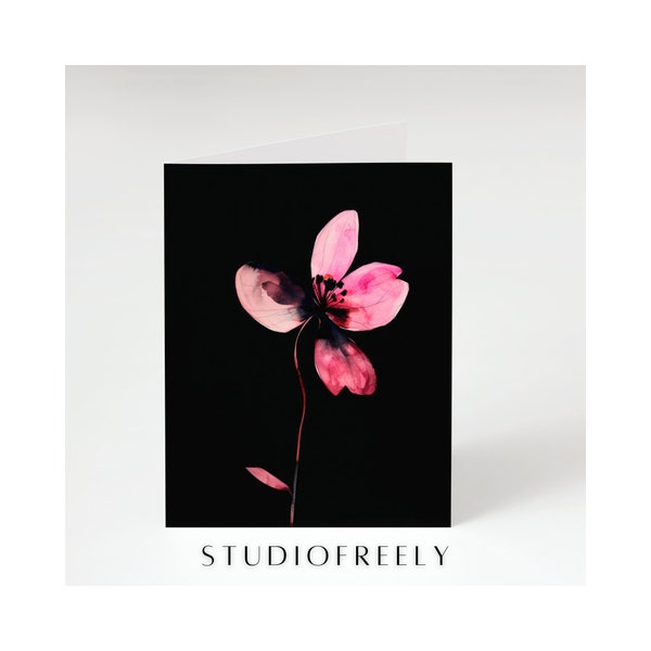 Watercolor greeting card - Moody pink flower on a jet black background - 4.25 x 5.5 inches, A2 card