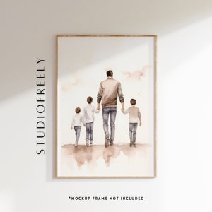 Minimalist watercolor instant download of dad with three sons - gift for Father's Day or dad's birthday | digital file