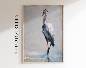 Heron Oil Painting: Minimalist White Bird on Pale Blue Water, Coastal Wall Art