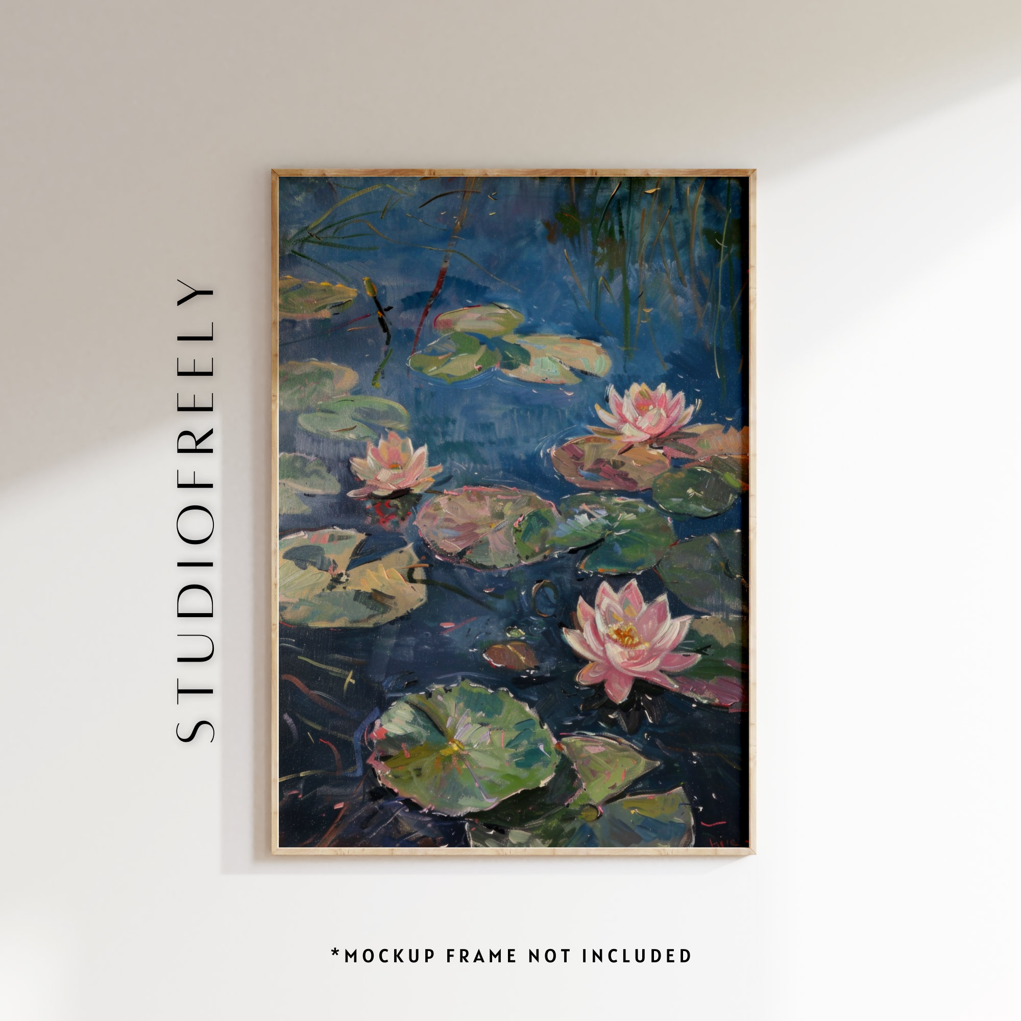 Fine art oil acrylic instant download deep blue lily pond - high contrast lily flowers in a deep lily pond | digital file