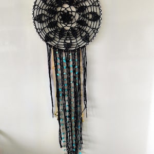 Black Crochet Mandala Wall Hanging | Handmade Boho Dreamcatcher | 20 cm Diameter | 85 cm Length