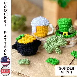 St. Patrick&#39;s Day toys crochet pattern. Clover, Pot of Gold, Pint of beer, Green hat. Leprechaun accessories amigurumi. Lucky keychain toy