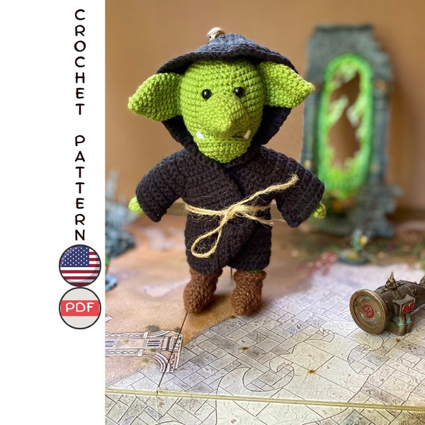 Goblin-Häkelanleitung. Amigurumi-Monster-Troll-Spielzeug-Häkelanleitung. Häkelgrotte DIY. Drei verschiedene Outfits für Spielzeugmuster. Geschenk für ihn