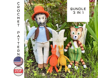 Bundle 3 in 1 crochet toy patterns: Cat in striped pants, Old Man doll and Magical creature. Amigurumi kit patterns. Best baby gift tutorial