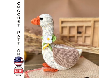 Goose crochet pattern. Crochet toy bird amigurumi pattern. Bird decorations DIY tutorial. Goose mothers day gift idea. Crochet chamomile diy