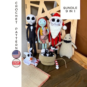 Puede incluir: Un paquete de patrones de crochet con 9 personajes de Pesadilla Antes de Navidad. Los personajes incluyen Jack Skellington, Sally, Santa Claus, Oogie Boogie y Zero. El patrón está disponible en formato PDF.