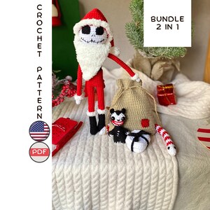 May include: Crochet pattern bundle for a Santa Claus Jack Skellington doll and a small black and white striped creature. The pattern is available in PDF format and includes instructions for both characters. The image shows the finished crocheted dolls.