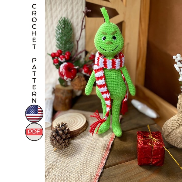 Green Elf crochet pattern. Christmas thief toy amigurumi tutorial. Evil elf toy pattern. Best gift toy amigurumi DIY. Crochet toy scarf