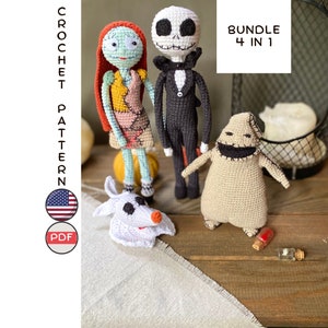 Puede incluir: Paquete de patrones de crochet para cuatro personajes de Pesadilla antes de Navidad: Jack Skellington, Sally, Zero y Oogie Boogie. El patrón está disponible en formato PDF.