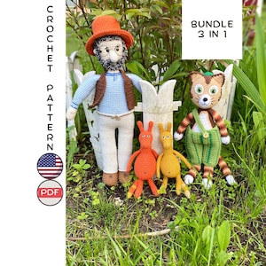 Bündel 3 in 1 Spielzeug Anleitungen: Katze in gestreifter Hose, Alter Mann Puppe und Zauberwesen. Anleitungen von Amigurumi Kits. Bestes Babygeschenk Tutorial