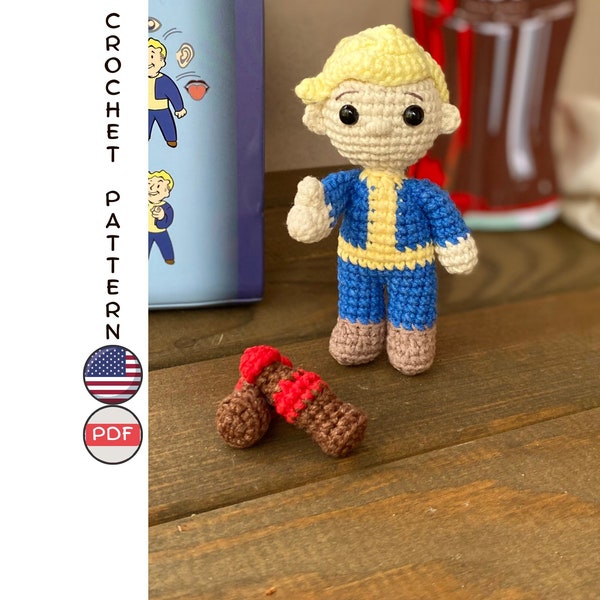 Shelter boy crochet pattern. Amigurumi boy doll crochet tutorial. Crochet vault resident toy pattern. Crochet mini bottle toy pattern DIY