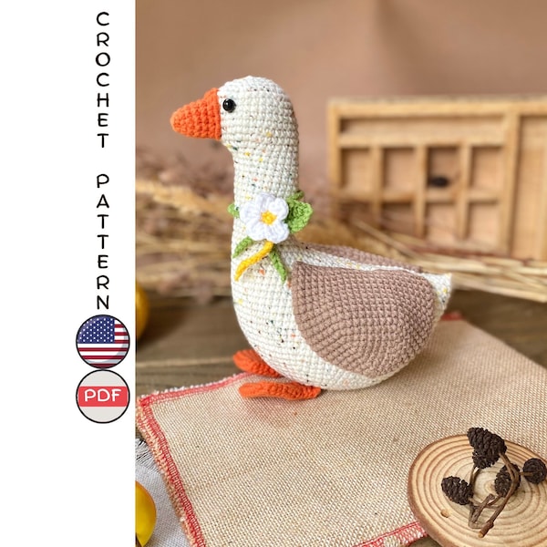 Goose crochet pattern. Crochet toy bird amigurumi pattern. Bird decorations DIY tutorial. Goose mothers day gift idea. Crochet chamomile diy
