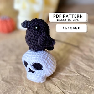 Zestaw wzorów 2 w 1 na szydełkową czaszkę i kruka, wzory amigurumi na Halloween w formacie PDF, brelok z czaszką, miniaturowy kruk, gotycki upiorny wystrój