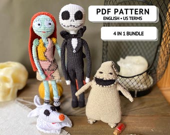 Paquete de patrones de crochet 4 en 1, PDF de amigurumi de Halloween, muñeco zombi, juguete esqueleto, perro fantasma, monstruo de saco espeluznante, decoración navideña gótica