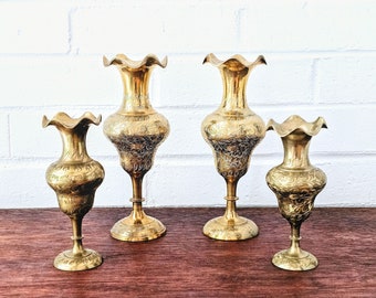 Vintage Brass Tulip Vases Etched Floral Leaf Design Set