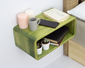 Green Floating Nightstand, Wood Bedside Tables , Mid Century Table, Nightstand Shelf, Handmade Furniture , Bedside Wall Shelf, Modern Style