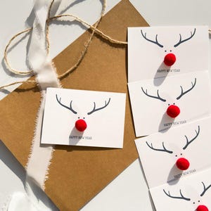 Weihnachtskarten 4er-Set, Weihnachtsren mit Pompoms, Weihnachtsgeschenk für Sie / Ihn