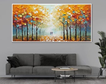 Original Autumn Forest Pathway Serene Thick Yellow Leaves Art Landscape Painting, Couple Colourful Woods Abstract Texture Oil Painting