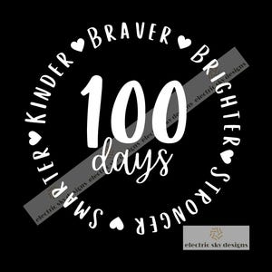 May include: A black graphic with white text celebrating "100 days". The text is arranged in a circle around the number 100, with words like "Braver", "Brighter", "Stronger", "Smarter", and "Kinder".