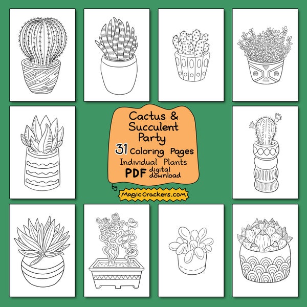 Cactus & Succulent Party Large Edition: 31 Unique Plants, 31 Digital Coloring Pages -  Color Yourself Print At Home Instant Download