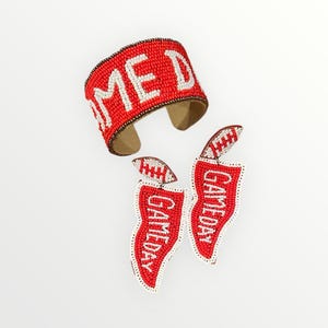 Gameday Set Red and White beaded cuff and earrings