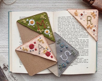 Personalized Hand Embroidered Corner Bookmark, Felt Triangle Page Stitched Corner Handmade Bookmark