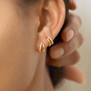Double Hoop Huggie Earrings Minimalist • Pave Gold Huggie Hoops • Diamond Earrings • Bridesmaid, Wedding Earrings