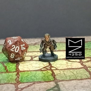 May include: A miniature fantasy figure of a character holding two small swords, standing on a black base. A large, brown twenty-sided die is next to the figure. The background is a stone-like surface with a dark gray backdrop. The image includes the text "MK 4250 patreon.com/mz4250".