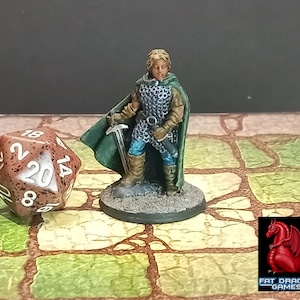 May include: Miniature fantasy figure of a warrior with a sword, wearing chainmail, a green cape, and blue pants. A large, brown, twenty-sided die is next to the figure. The figure is on a round base.