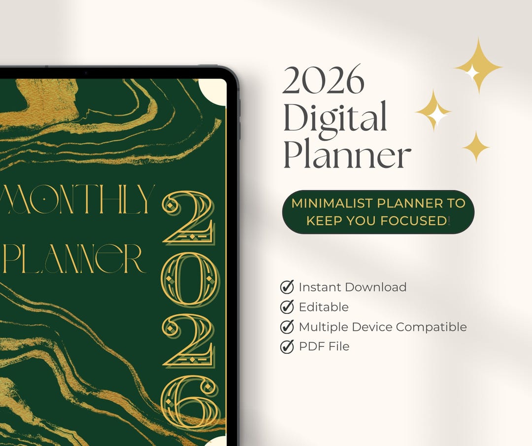 2026 Monthly Digital Planner-gold and Emerald-simple Layout-pdf Instant ...