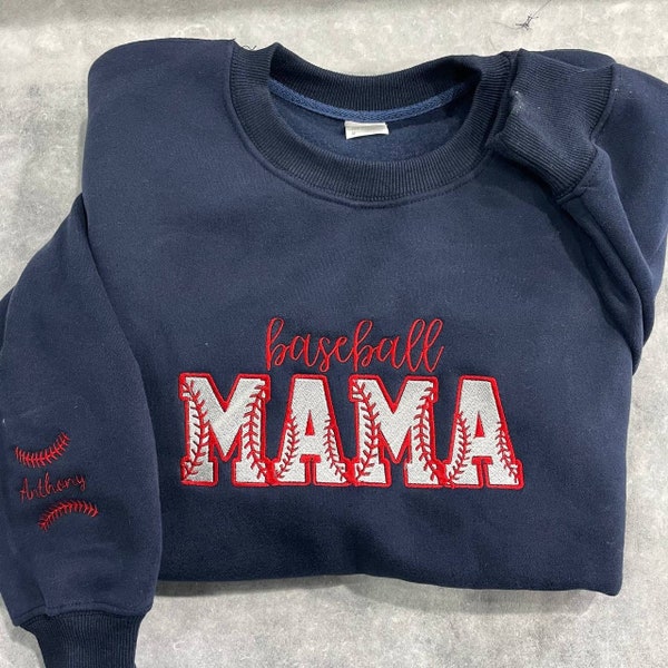 Embroidered Baseball Mama Sweatshirt with Customized Sleeve, Personalized Baseball Mama Sweatshirt, Baseball Mom Sweatshirt, Gift for Moms