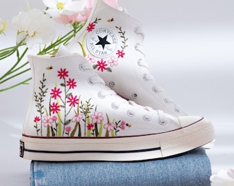 Tênis Converse Chuck Taylor Cano Alto Bordado, Tênis Personalizados Bordados Primavera Flores Silvestres, Sapatos de Casamento Bordados Florais para Noiva, Presente Feminino