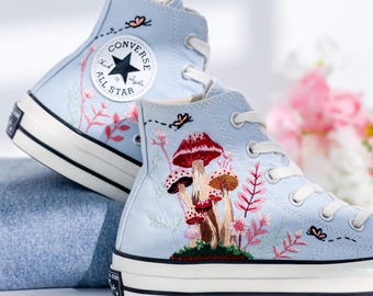 Embroidered Converse, Converse Embroidery Mushroom, Butterfly, Mushrooms Embroidered Shoes, Mushrooms Embroidered Sneakers, Gift for Her