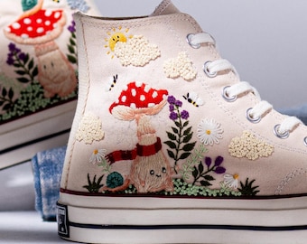 Unique Embroidered Converse Chuck 70 High Top, Fairy Mushroom Garden Embroidered Sneaker, Custom Artistic Embroidery Converse, Birthday Gift