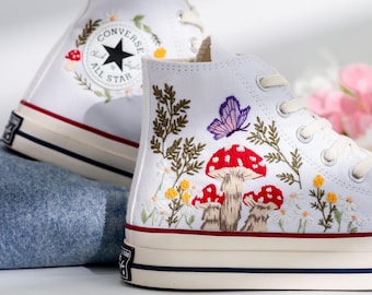 Custom Converse Chuck Taylor Mushrooms Embroidered Converse Shoes, Butterfly Embroidered Shoes, Mushrooms Embroidered Converse High Tops