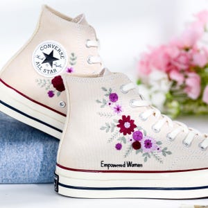 Wedding Converse Embroidery, Purple Flowers, Name Embroidered Wedding Shoes Custom, Bridal Flowers Embroidered Converse, Sneaker  for  Bride