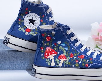 Custom Embroidered Converse Chuck Taylor High Tops, Navy Blue Converse Embroidery Mushroom & Strawberry, Unique Custom Shoes, Gift Idea